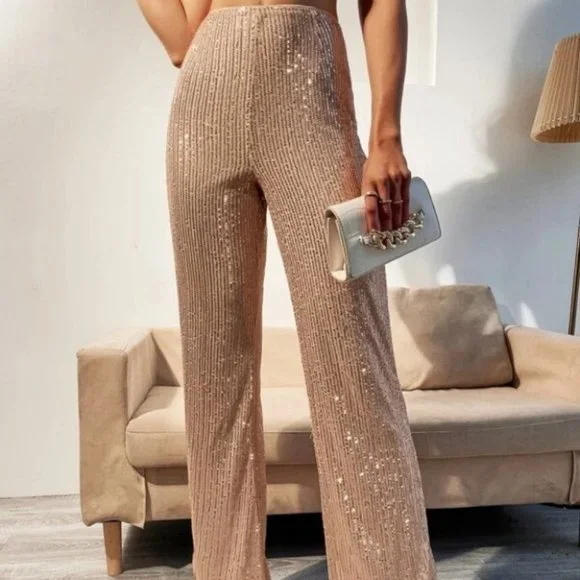 Sequin High Waist Flare Leg Pants Champagne - Picture 6 of 6